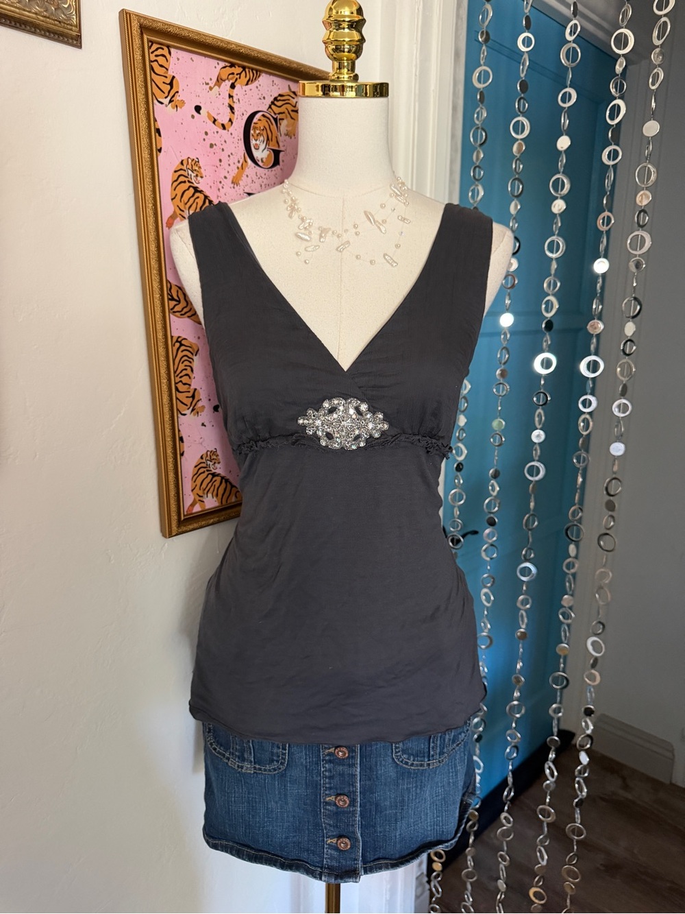 Vintage Y2K Velvet Charcoal Embellished V-Neck Tank